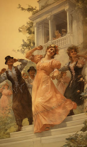 Eine Frau und ihr Gefolge tanzt und strahlt Fröhlichkeit aus