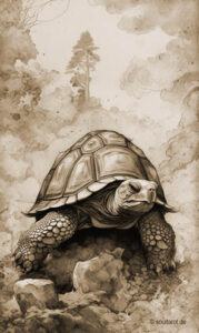 Krafttier Schildkröte läuft behäbig über einige Steine die den Weg blockieren