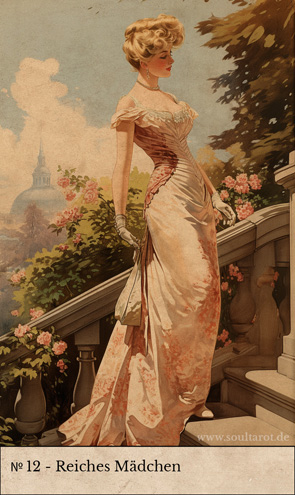 Kipperkarte Reiches Mädchen mit einer jungen Frau die im schicken Kleid an einer Treppe steht