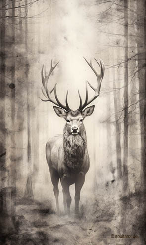 Krafttier Hirsch steht in einer Lichtung mit mächtigem Geweih und mystischem Hintergrund