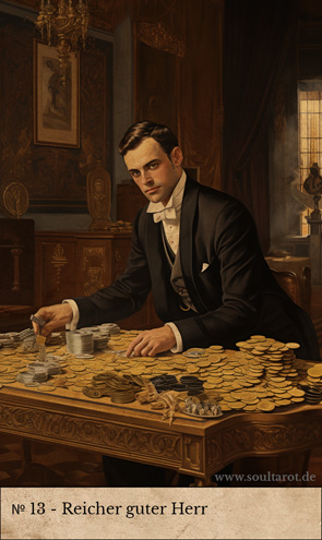 Kipperkarte Reicher guter Herr mit einem jungen Mann der an einem Tisch voller Goldmünzen sitzt