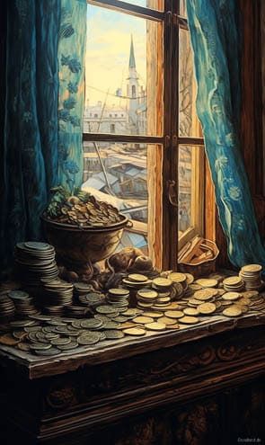 Eine Menge Geld in Form von Münzen liegt auf einem Tisch am Fenster