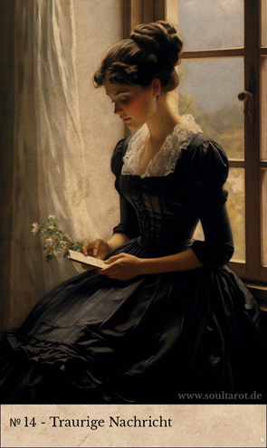 Kipperkarte Traurige Nachricht mit einer jungen Frau die am Fenster sitzt und einen Brief hält