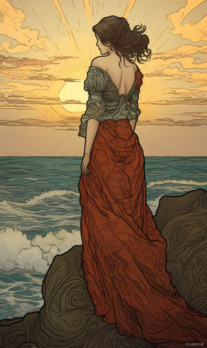 Eine Frau steht am Meer und schweift voller Hoffnung in die Ferne