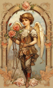 Amor der Engel der Liebe. Ein Junge mit Flügeln und Rosen in der Hand
