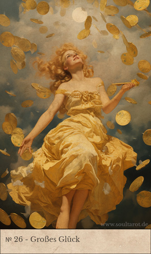 Kipperkarte Großes Glück mit Göttin Fortuna die es Goldmünzen regnen lässt.