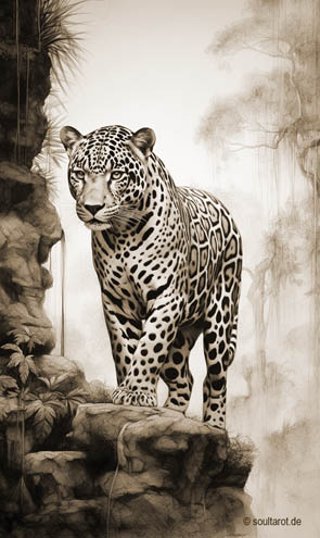 Krafttier Jaguar streicht einem Felsen entlang auf der Suche nach Futter