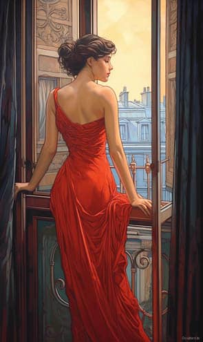 Eine Frau in rot steht voller Sehnsucht am Fenster