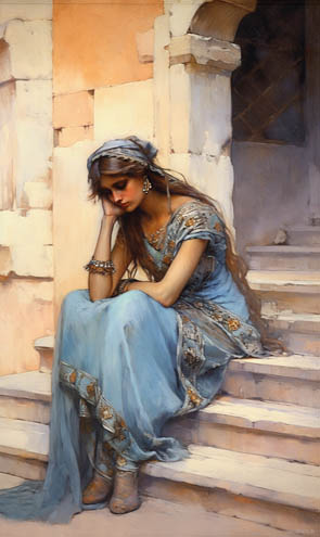 Eine Zigeunerin trauert auf einer Treppe sitzend