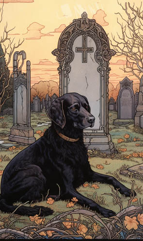 Ein treuer Hund liegt vor dem Grab seines Besitzers