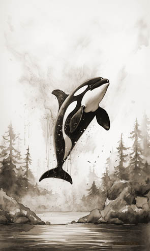 Krafttier Orca springt aus dem Wasser eines Fjords