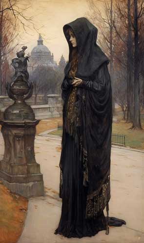 Die Witwerin steht schwarz gekleided an einem Friedhof