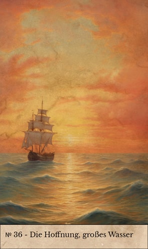 Kipperkarte Hoffnung mit Schiff auf offenem Meer im Sonnenaufgaung