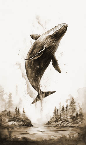 Krafttier Wal springt aus dem tiefen Wasser in die Höhe