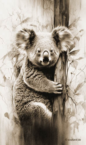 Krafttier Koala an einem Baumstamm mit Eukalyptusblättern im Hintergrund