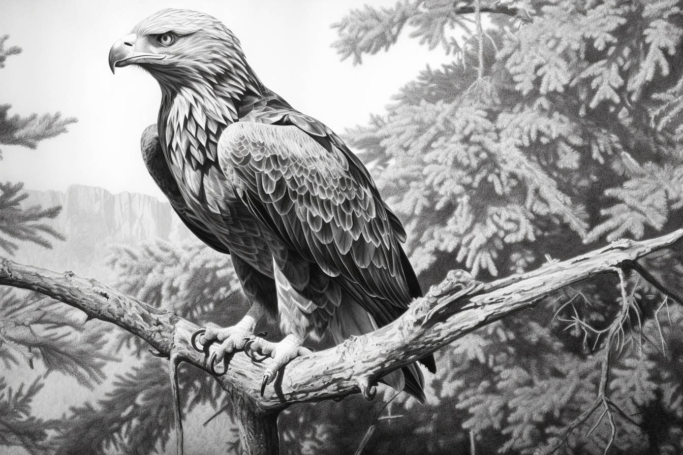 Der Adler sitzt als Krafttier auf einem Baum und blickt in die Ferne