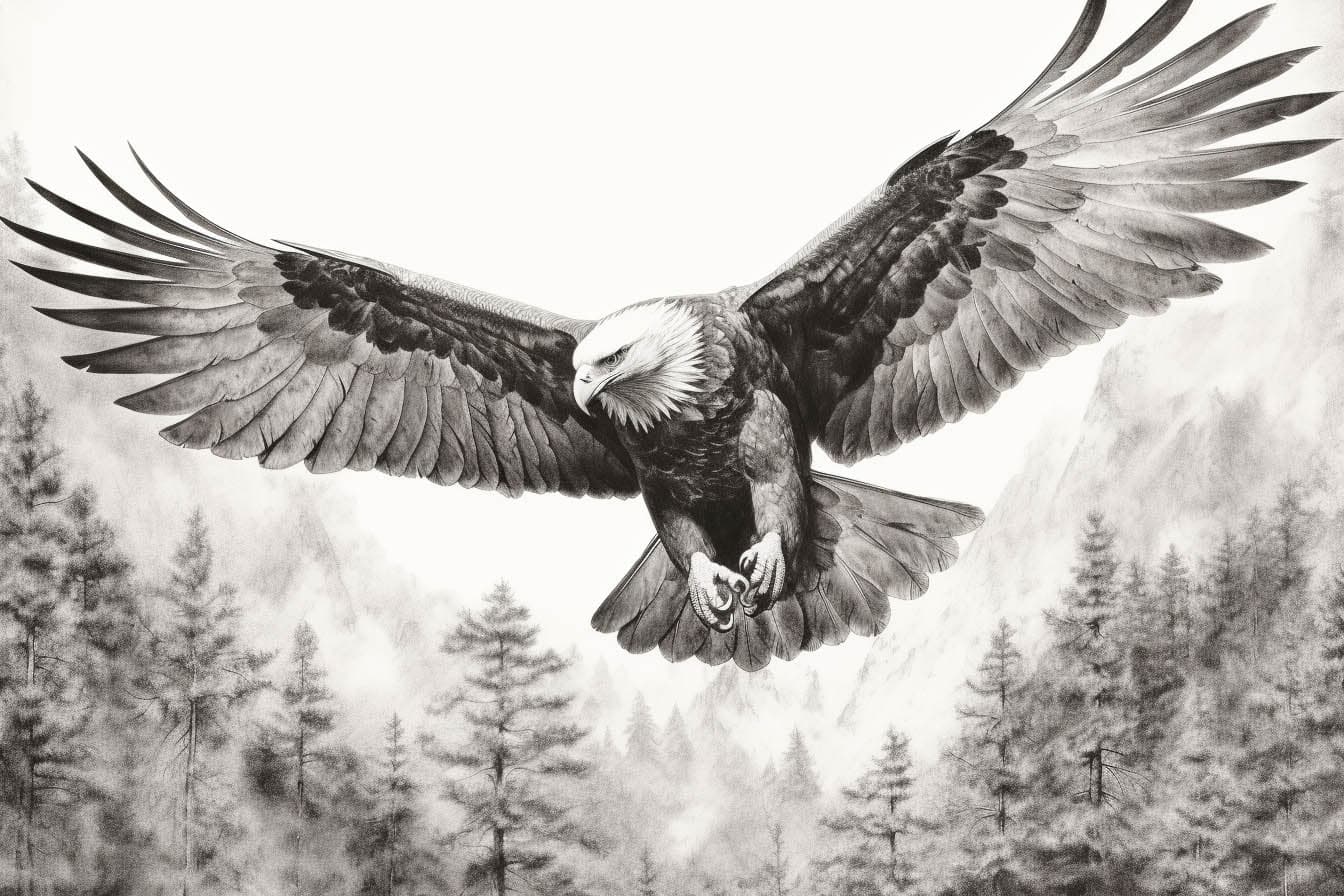 Krafttier Adler fliegt mit breiten Schwingen über die Wälder