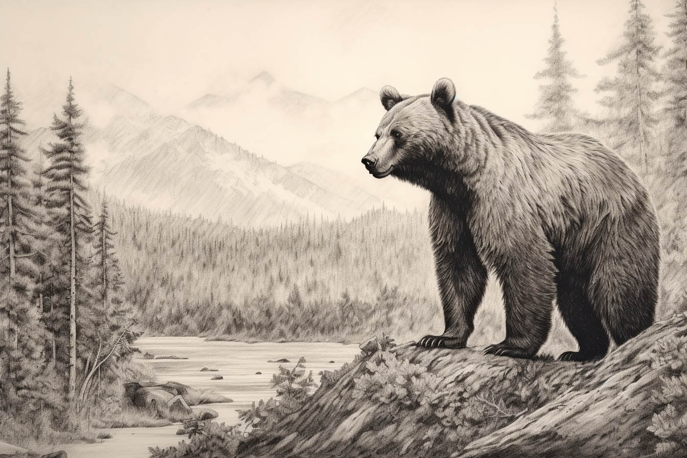 Krafttier Bär steht auf einem Felsen mit Bergsee im Hintergrund