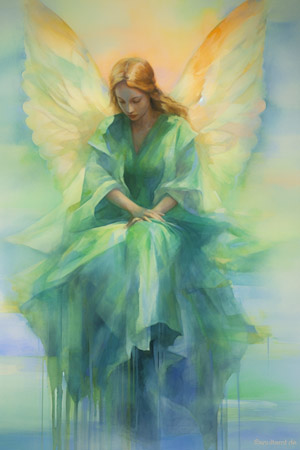 Engel der geduldigen Liebe im Grünen sitzend und Hände auf die Knie gelegt.