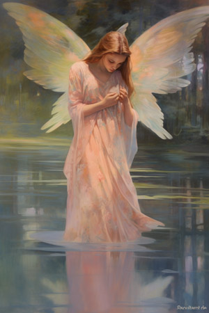 Engelkarte der heilenden Liebe mit Engel der im Wasser steht und die Hände faltet