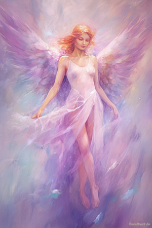 Engelkarte der höheren Liebe mit schwebendem Engel vor blauen und violetten Farbmustern