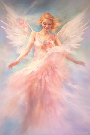 Engelkarte der jungen Liebe mit einem lachenden Engel in von fröhlichen Farben umgeben