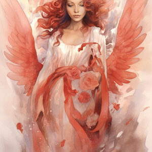 Engelkarte der romantischen Liebe mit roten Farben und Engel von Rosen umgeben