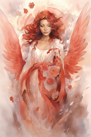 Engelkarte der romantischen Liebe mit roten Farben und Engel von Rosen umgeben
