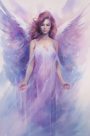 Engelkarte der spirituellen Liebe mit Engelportrait in lila Farben mit Wasserfarbe gemalt