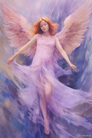 Engelkarte der transformativen Liebe mit gleitendem Engel in purpurfarbenem Licht