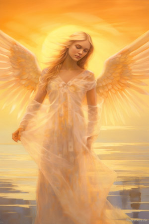 Engelkarte der treuen Liebe mit Engel im Sonnenuntergang und geschlossenen Augen