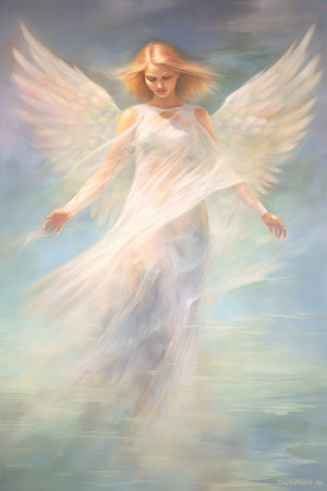Engelkarte der unveränderlichen Liebe mit fliegendem Engel hoch in der Luft