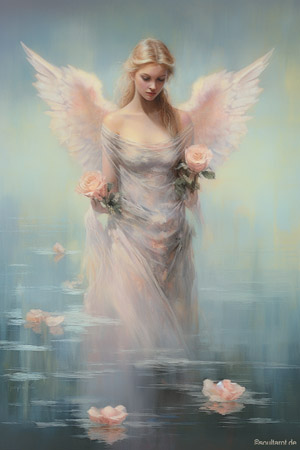 Engelkarte der verstehenden Liebe mit Engel der im Wasser steht und Blumen hält