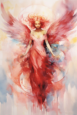 Engelkarte der wilden Liebe und Engel mit rotem Haar und Kleid