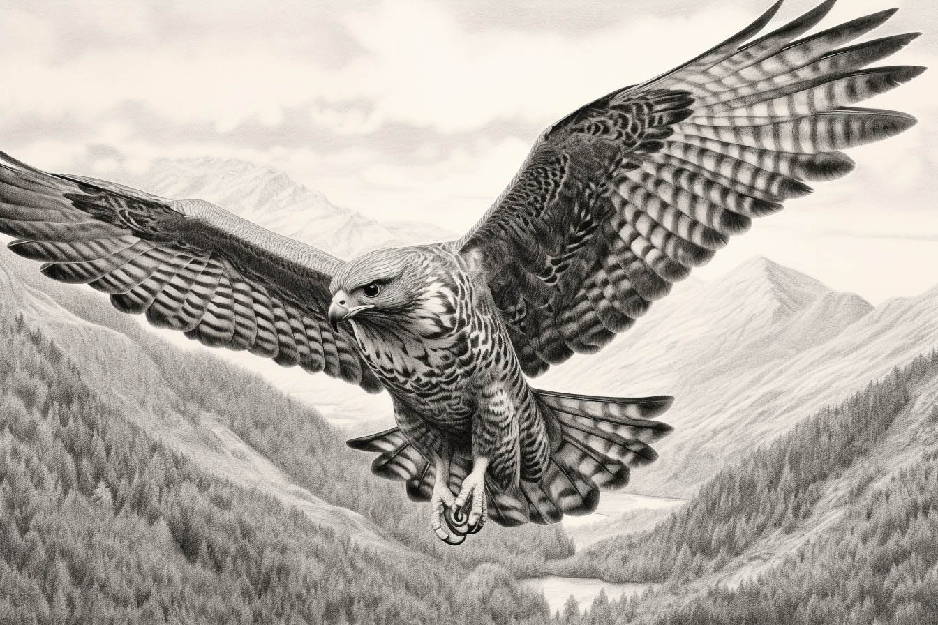 Das Krafttier Falke mit geöffneten Schwingen fliegt über die Landschaft