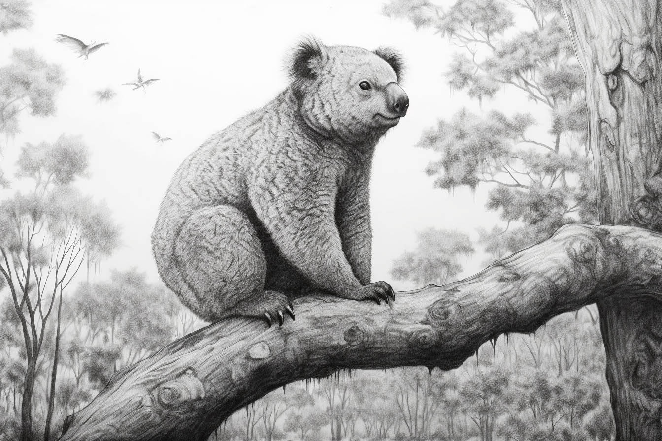 Krafttier Koala sitzt auf seinem Baumstamm hoch oben im Wald