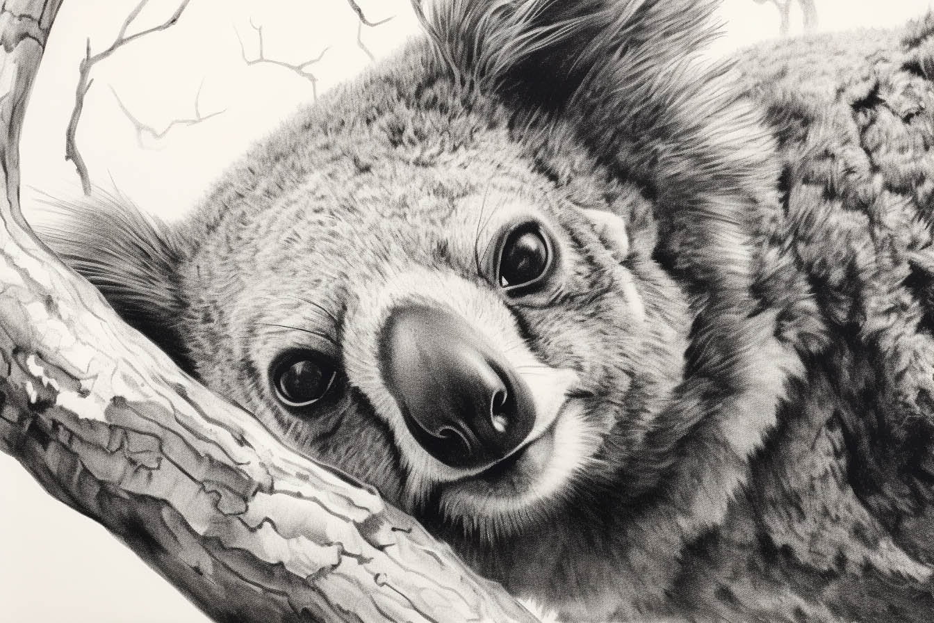Der Koala - Nahaufnahme des Gesichts teilweise hinter einem Ast versteckt