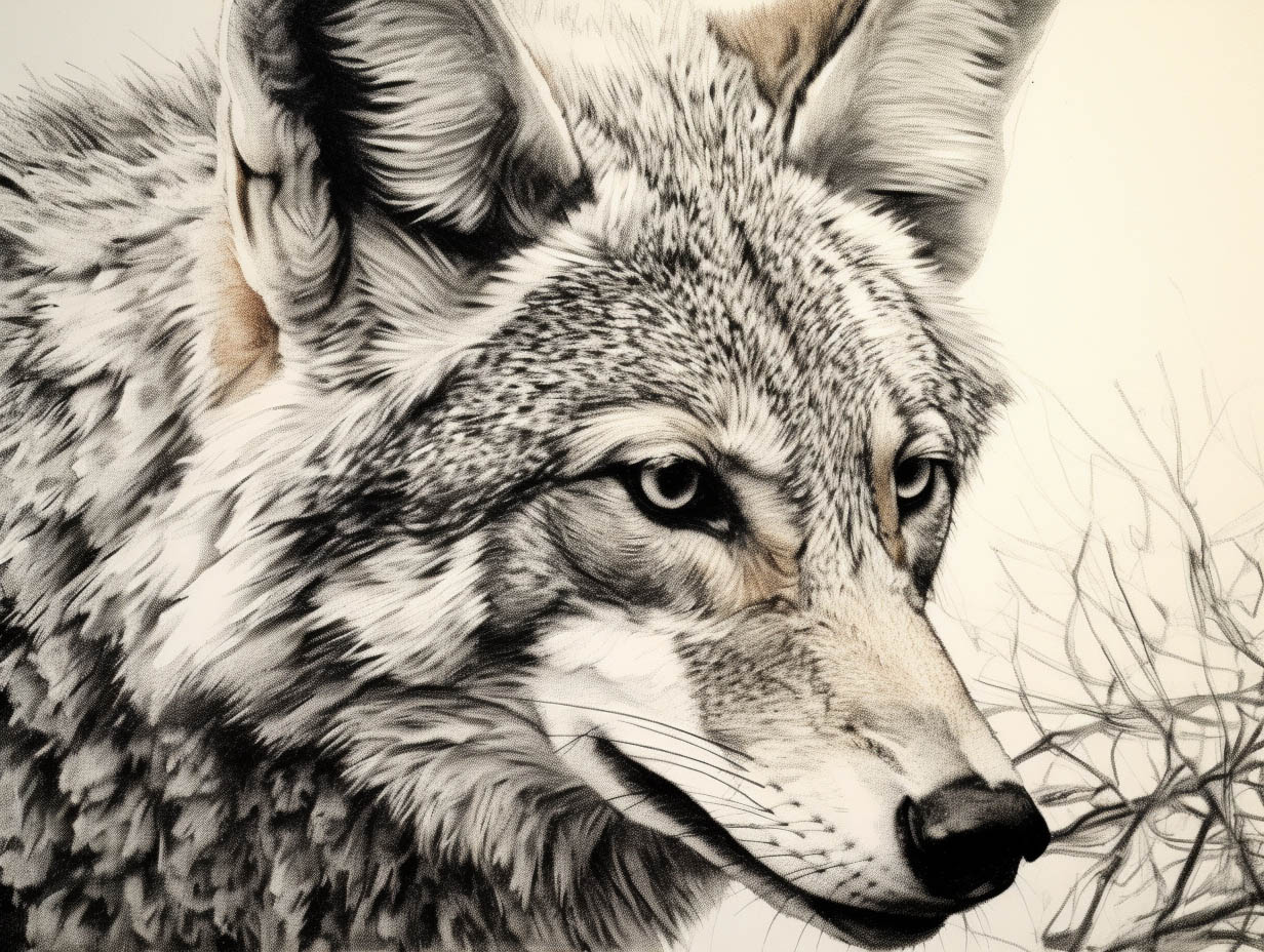 Krafttier Kojote - Nahaufnahme mit fokussiertem Blick von der Seite gezeichnet