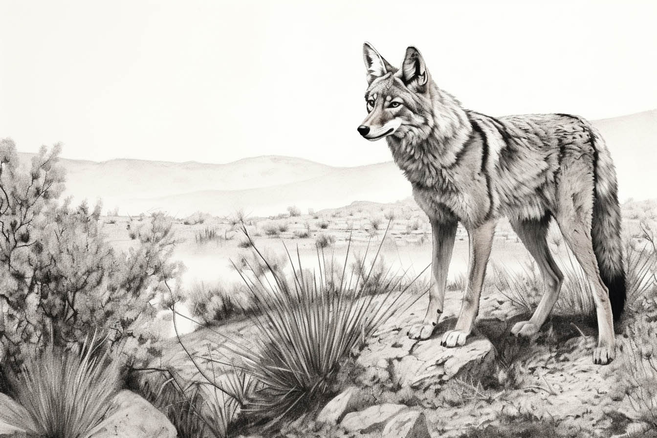Krafttier Kojote in der offenen Prärie steht auf einem Stein