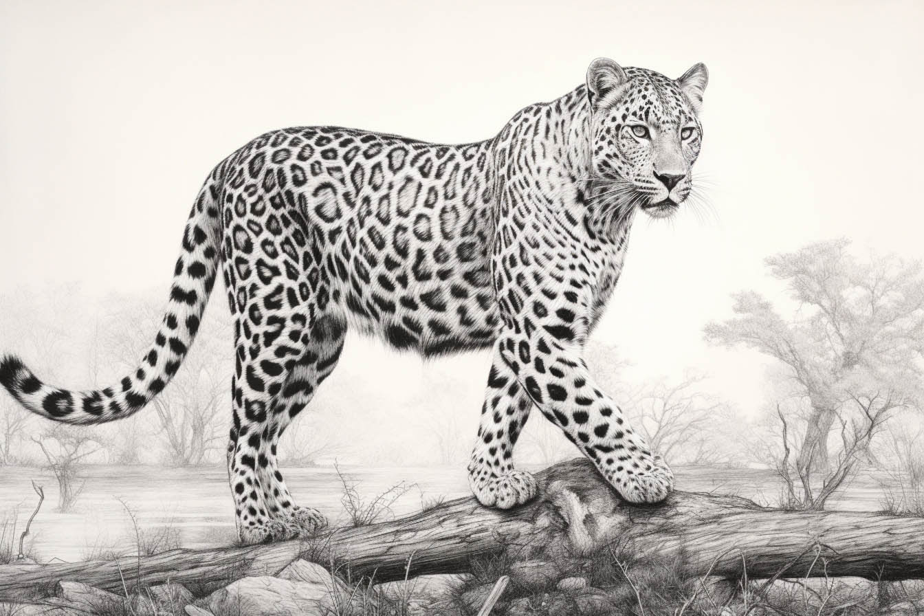 Der Leopard läuft über einen Baumstamm