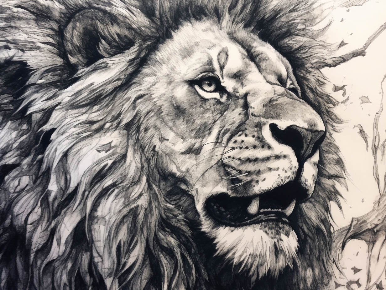 Der Löwe als Kraftter - Nahaufnahme seines Gesichts mit geöffnetem Maul und scharfen Zähnen