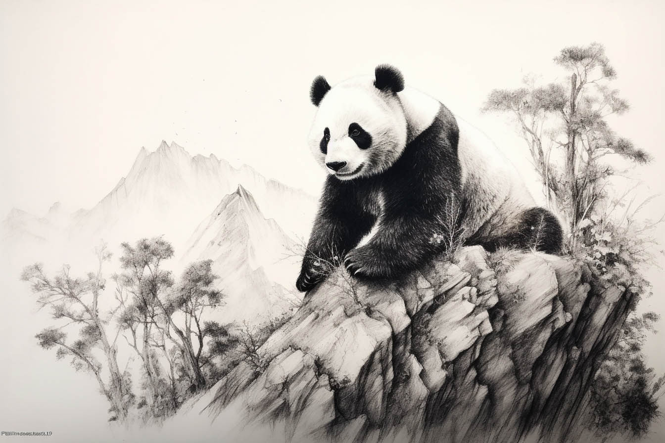 Der Panda sitzt als Krafttier auf einem Felsen und beobachtet die Landschaft