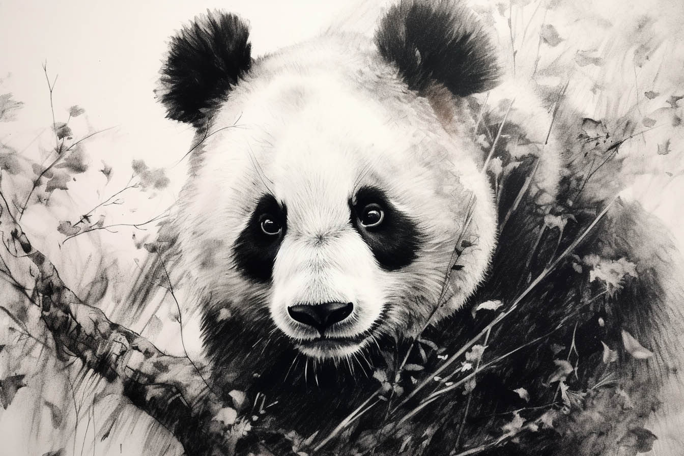 Krafttier Panda - Nahaufnahme des Gesichts zwischen den Ästen versteckt