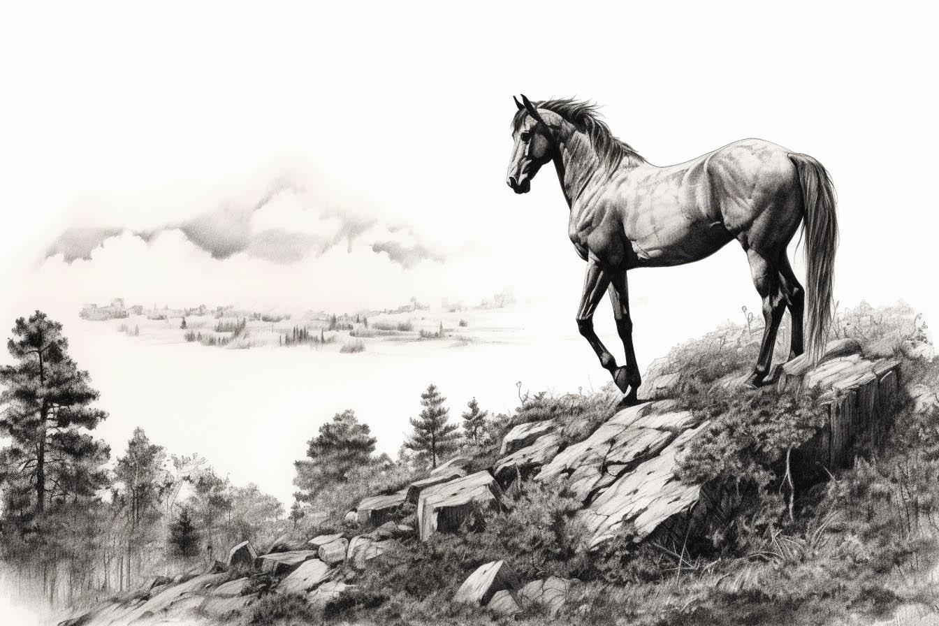 Krafttier Pferd auf einem Hügel mit malerischer Landschaft im Hintergrund