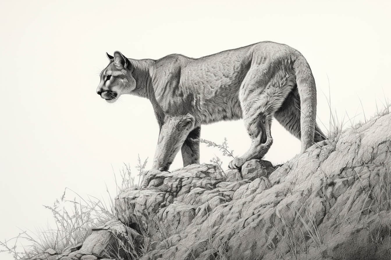Krafttier Puma läuft über einen Fels in den Bergen