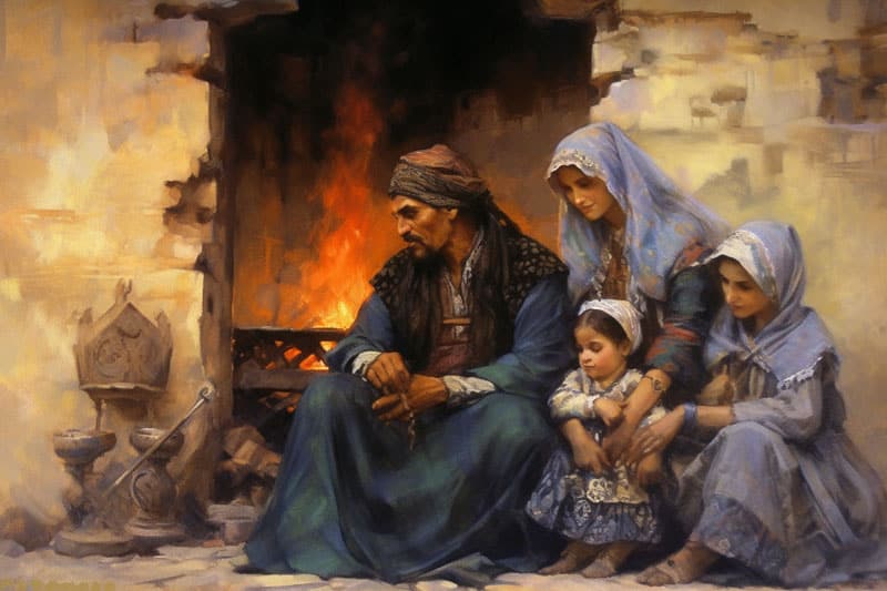 Traditionell gekleidete Familie sitzt vor einem Feuerofen