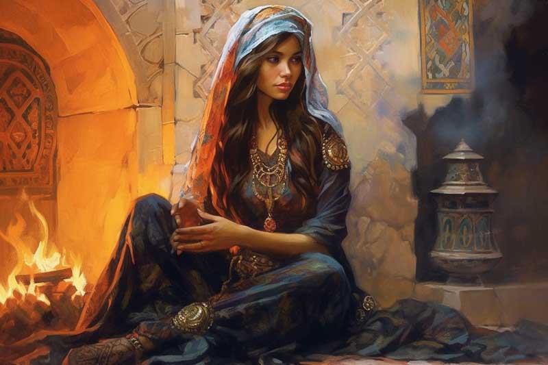 Junge Frau in traditioneller Kleidung sitz am Feuer