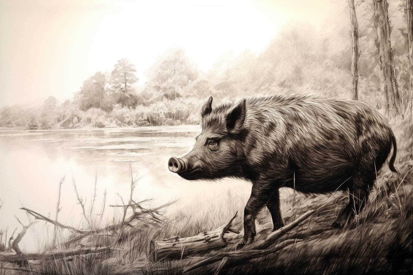 Wildschwein läuft aus dem Wald neben einem Fluss entlang