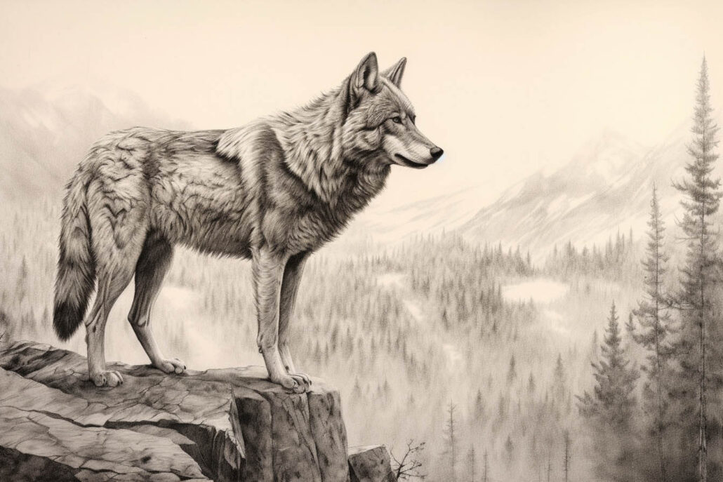Der Wolf steht als Krafttier hoch auf einem Fels und überblickt die Landschaft