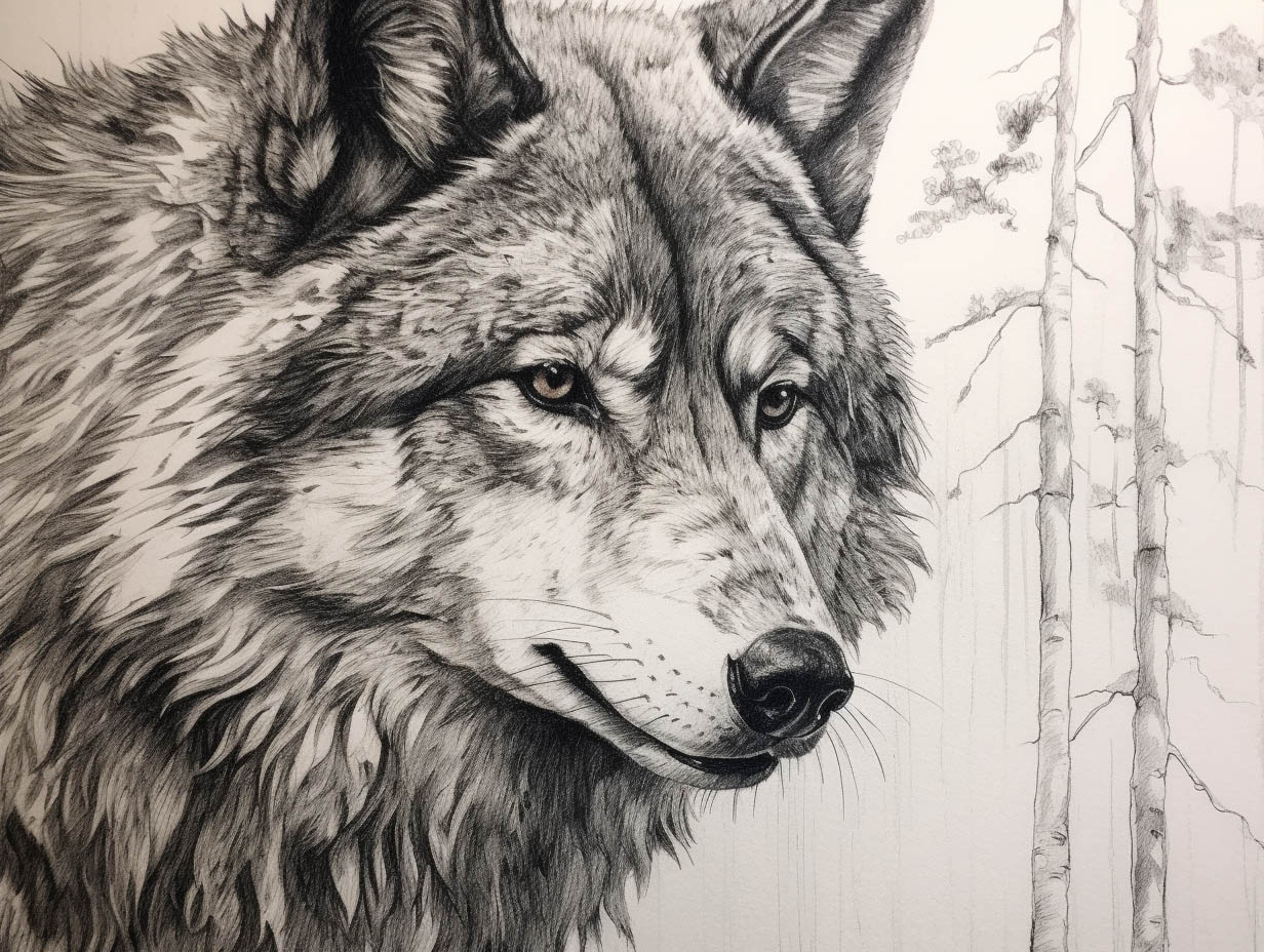 Nahaufnahme eines Wolfs als Krafttier mit Tinte gezeichnet